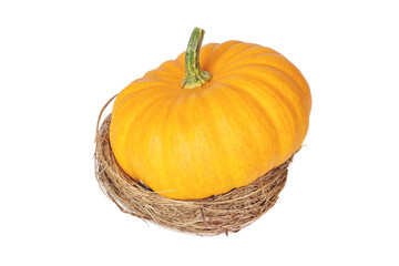 Decorative pumpkin in a basket  on  white background.