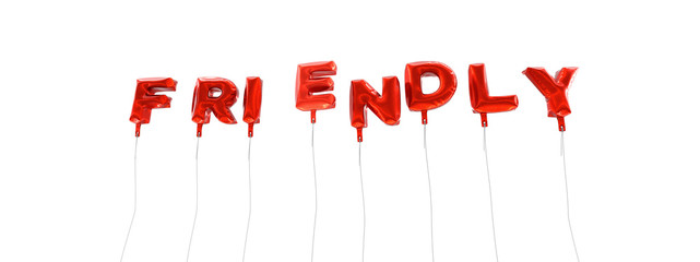 FRIENDLY - word made from red foil balloons - 3D rendered.  Can be used for an online banner ad or a print postcard.