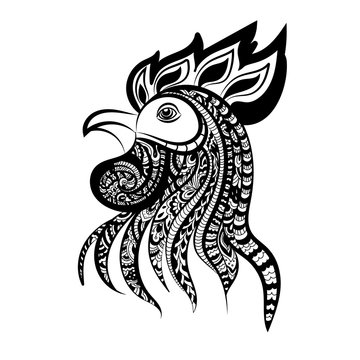 Silhouette of the cock head. Zentangle style. Cock Symbol of New Year 2017