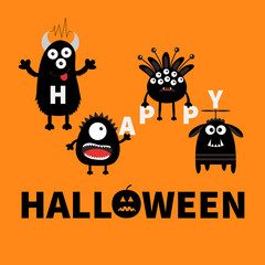 Black monsters holding letters. Happy Halloween. Text with pumpkin. Cute cartoon scary silhouette character. Baby collection. Orange background. Greeting card. Flat design.