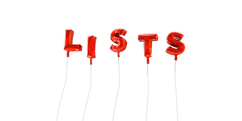 LISTS - word made from red foil balloons - 3D rendered.  Can be used for an online banner ad or a print postcard.