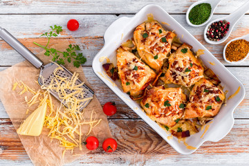 Stuffed chicken breast with ham, cheese, tomatoes, view from abo