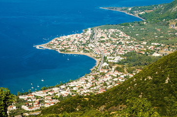 Aerial view, cape of Kamena Vourla city and Aegean sea, tourist destination in Greece