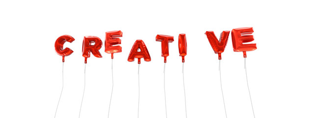 CREATIVE - word made from red foil balloons - 3D rendered.  Can be used for an online banner ad or a print postcard.