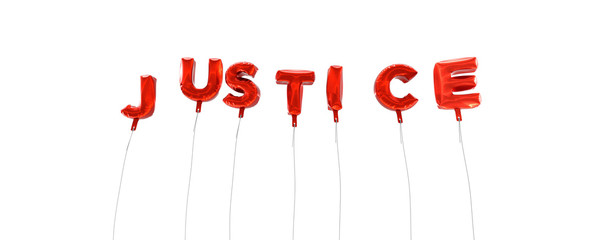JUSTICE - word made from red foil balloons - 3D rendered.  Can be used for an online banner ad or a print postcard.