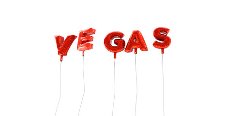 VEGAS - word made from red foil balloons - 3D rendered.  Can be used for an online banner ad or a print postcard.