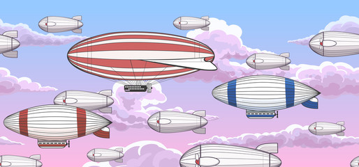 Vintage zeppelin horizontal seamless pattern. Vector airship zeppelins and clouds background © vectortatu
