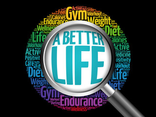 A Better Life word cloud with magnifying glass, health concept 3D illustration