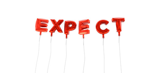 EXPECT - word made from red foil balloons - 3D rendered.  Can be used for an online banner ad or a print postcard.