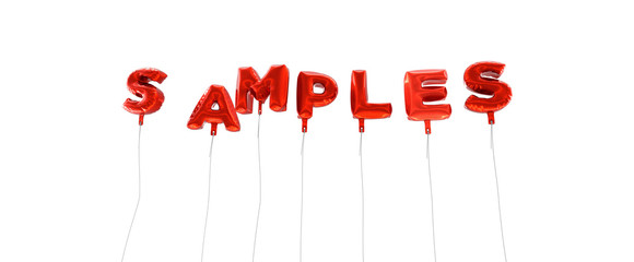 SAMPLES - word made from red foil balloons - 3D rendered.  Can be used for an online banner ad or a print postcard.