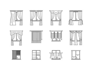 Curtains Types Thin Line Set. Vector