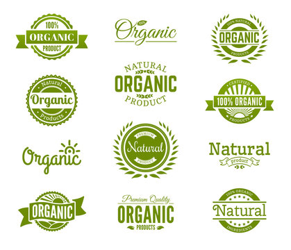 100% organic logo. Collection of healthy organic food labels, logos, badges and signs for identity and packaging of natural, organic, premium quality products. Vector set.