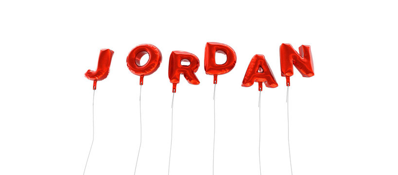 JORDAN - word made from red foil balloons - 3D rendered.  Can be used for an online banner ad or a print postcard.