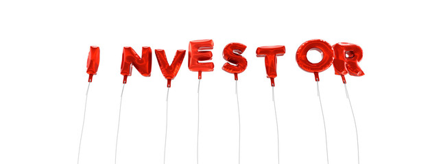 INVESTOR - word made from red foil balloons - 3D rendered.  Can be used for an online banner ad or a print postcard.