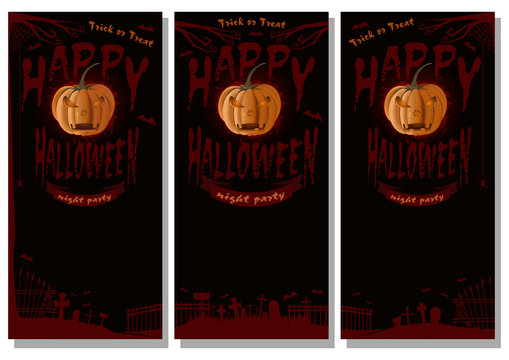 Halloween design set. Black poster with lettering - Happy Halloween. Trick or treat. Jack-o'-lantern on a background of cemetery