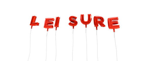LEISURE - word made from red foil balloons - 3D rendered.  Can be used for an online banner ad or a print postcard.
