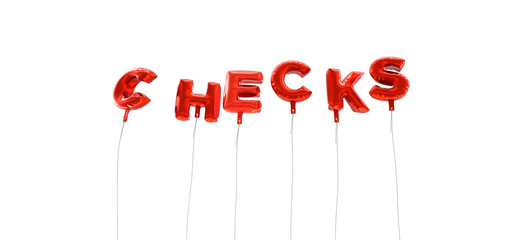 CHECKS - word made from red foil balloons - 3D rendered.  Can be used for an online banner ad or a print postcard.