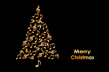 Christmas card with a Christmas tree made of shiny golden musical notes on black background