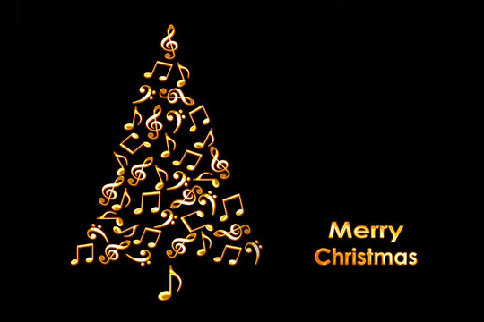 Christmas card with a Christmas tree made of shiny golden musical notes on black background