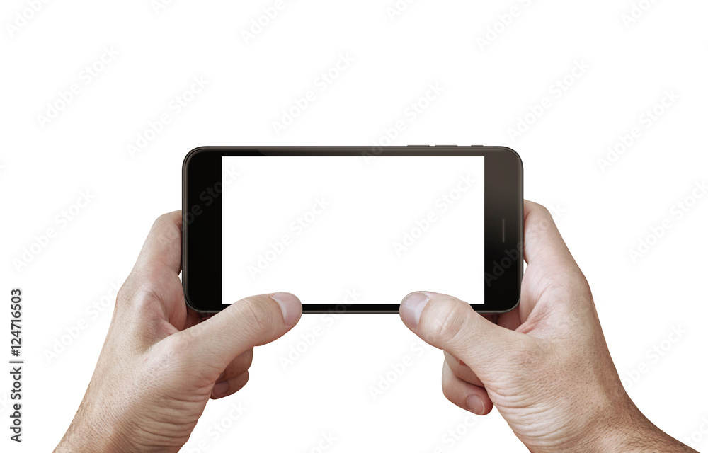 Poster play game on mobile phone isolated scene for mockup. phone in hands, horizontal position.