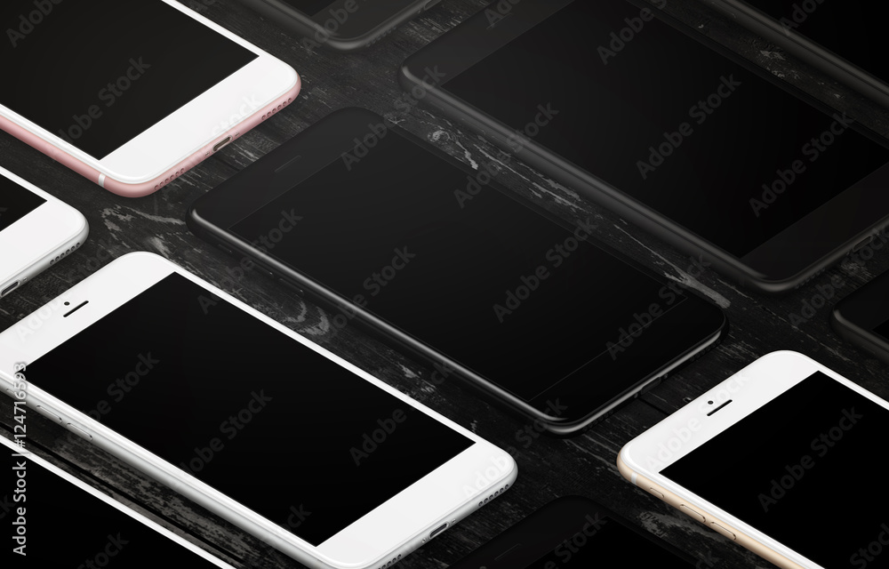 Poster mobile phones on table. different colors, multiple. blank display for mockup.