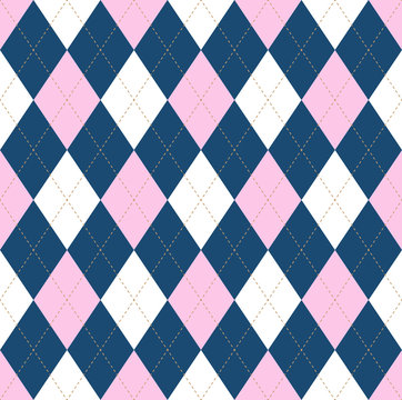 Seamless argyle pattern in pale pink, dark blue & white with light brown stitch.