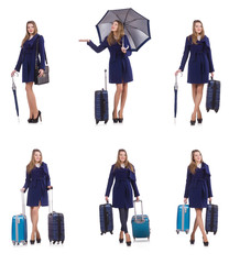 Fototapeta premium Woman with suitcase and umbrella isolated on white