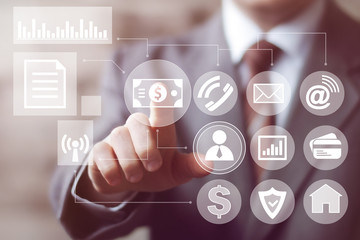 Business button with dollar currency web network