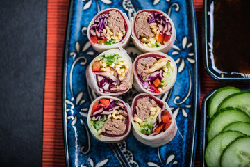 Sushi and teriyaki beef bites