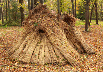 Sheaves of grass and straw in a park. Bundles of dry plants used for decoration