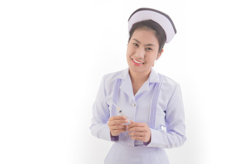nurse holding medical injection syringe isolate on white background