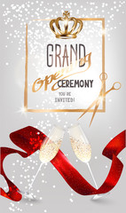 Grand opening sparkling invitation card with red satin ribbon, glasses of champagne and scissors