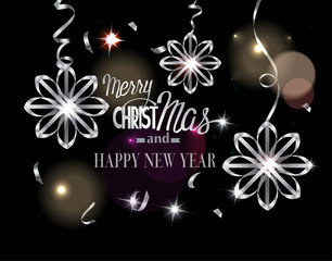Fototapeta na wymiar Merry Christmas background. Beautiful curled realistic sparkling silver snowflakes and serpentine