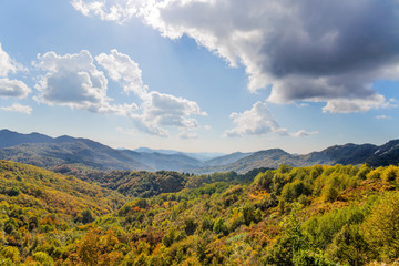 Fototapeta na wymiar The mountain autumn landscape with colorful forest