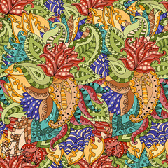 Vector seamless texture with abstract flowers and leaves.