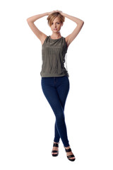 Young pretty long haired blonde woman posing in casual clothes on white background in a studio. Spring summer photo, catalog collection.