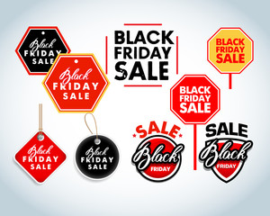 Black Friday sale design elements. Black Friday sale inscription labels, stickers. Isolated Vector illustration