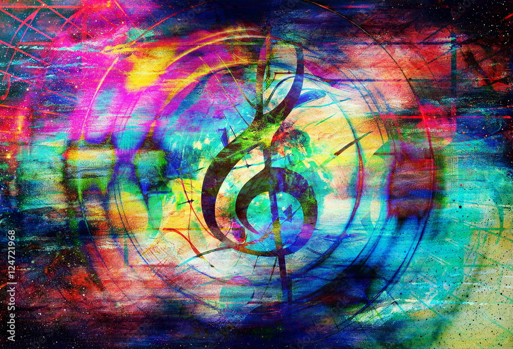 Poster beautiful abstract colorful collage with music notes and the violin clef in space.