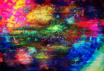 music notes and music lines comming out from the spot, multicolor graphic collage.