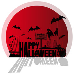 Happy Halloween. Red sticker. Concept art. Halloween, cemetery with ghosts, night party. Illustration for Halloween