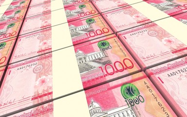 Dominican peso bills stacked background. 3D illustration.