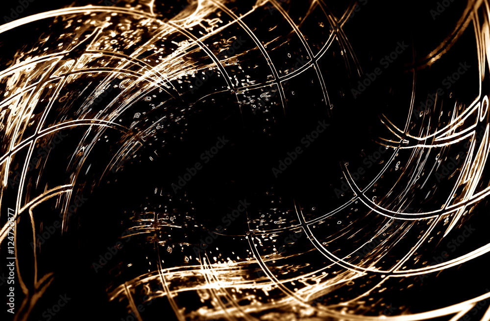 Poster abstract wavy linear network comming out from dark background. Lines with music notes.