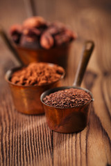 grated chocolate, powder and cocoa beans