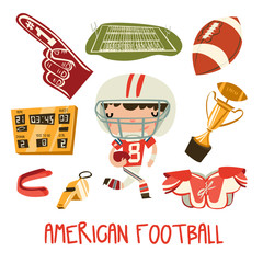 american football kid set. little boy in american football equipment. vector set.