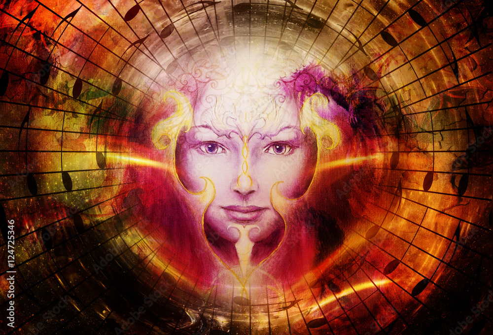 Poster beautiful face of mystical being with music notes, symbol of the muse of music with phoenix birds si
