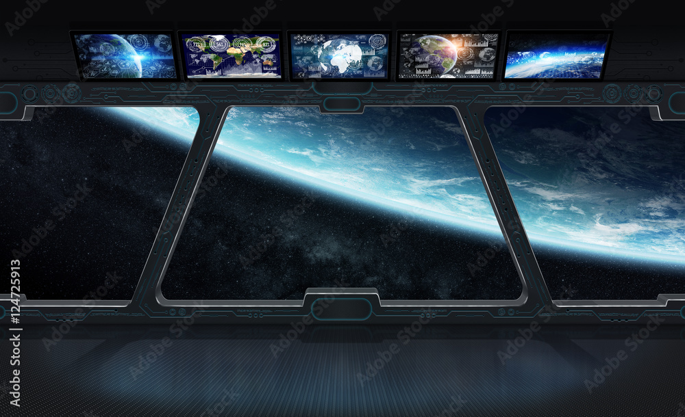 Fototapete View of planet Earth from inside a space station 3D rendering el