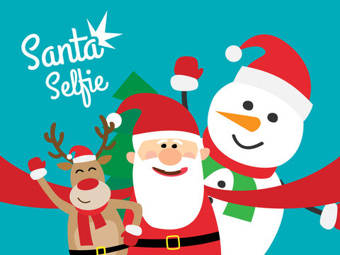 santa claus taking selfie with christmas deer and snowman