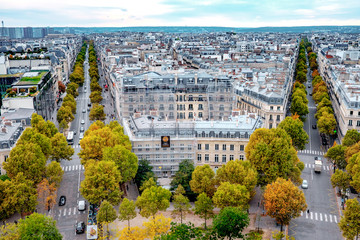 Aerial view over streets of Paris, France with trees in autumn colors lining sidewalks on sunny day.