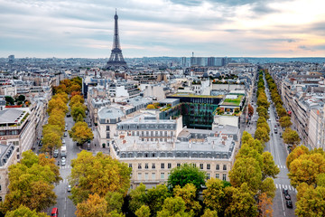 Aerial view of Paris from Pompidou Center with Eiffel Tower in the distance. France.