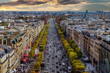 Paris, France aerial view from Triumphal Arch on Champs Elysees